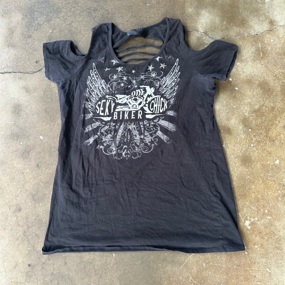 One Sexy Biker Chick Graphic Tee Women M Black Excellent Cold Shoulder Strappy